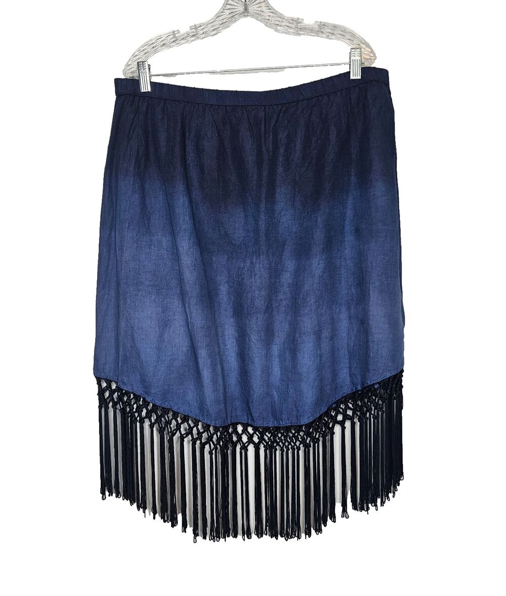 Soft Surroundings Blue Ombre Skirt XL Petite Fringe Pull On Midi Boho Western